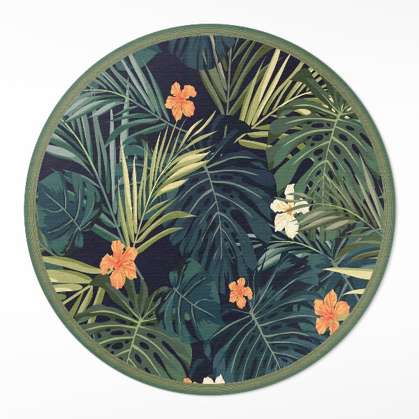 Covor rotund din vinil Frunze și flori de vegetație tropicală vintage