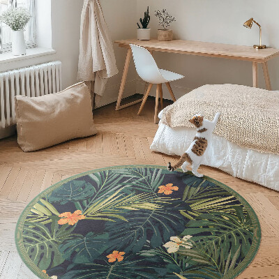 Covor rotund din vinil Frunze și flori de vegetație tropicală vintage
