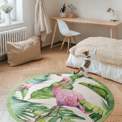 Covor rotund din vinil Flamingo în frunze de bananier