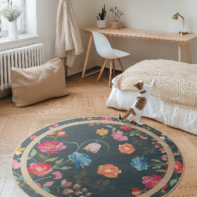 Covor rotund din vinil Flori colorate brodate