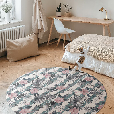 Covor rotund din vinil Model tropical cu frunze și flori hawaiiene