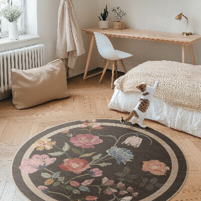 Covor rotund din vinil Flori colorate brodate