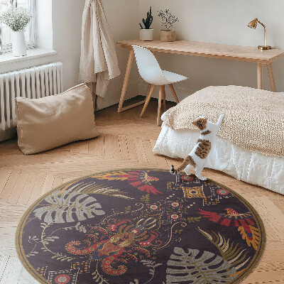 Covor rotund din vinil Papagali și frunze de monstera