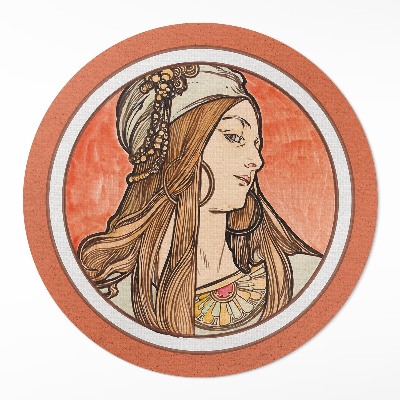 Covor rotund din vinil Femeie dintr-un vitraliu de Alphonse Mucha
