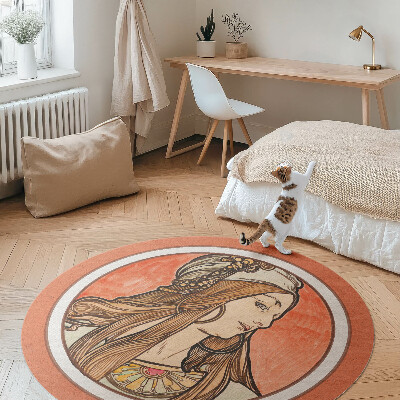 Covor rotund din vinil Femeie dintr-un vitraliu de Alphonse Mucha
