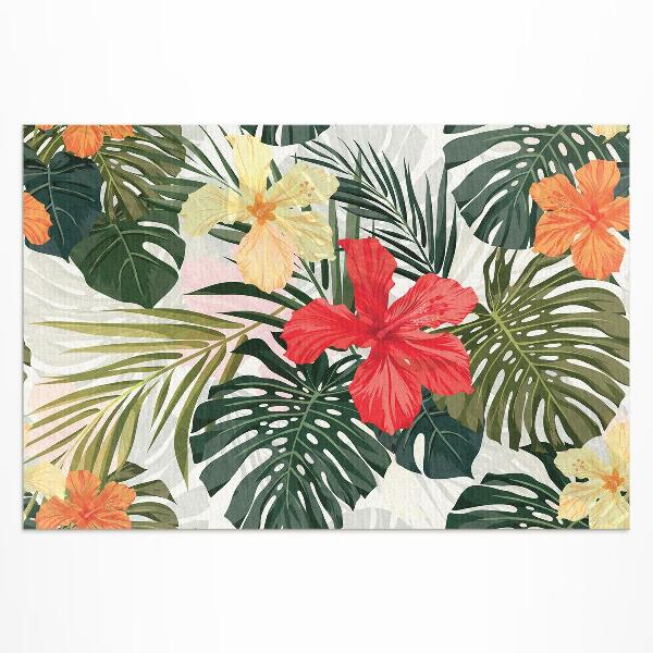 Covor interior din vinil Frunze și flori de monstera tropicală