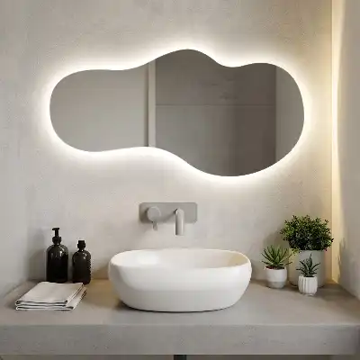 Oglindă organică suspendată cu iluminare LED și formă unică