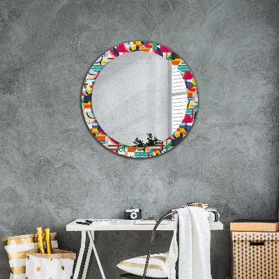 Oglinda rotunda rama cu imprimeu Păsări tropicale geometrice