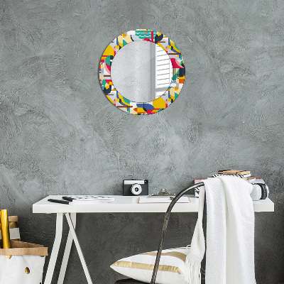 Oglinda rotunda rama cu imprimeu Păsări tropicale geometrice
