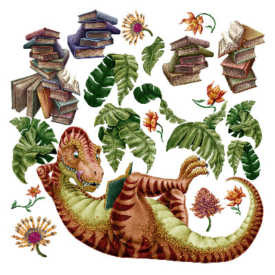 Autocolant de perete 100x149 Dinozaur roșu cu desene și vegetație