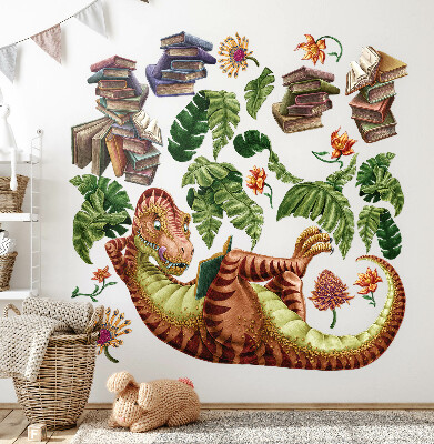 Autocolant de perete 100x149 Dinozaur roșu cu desene și vegetație