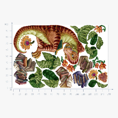 Autocolant de perete 100x149 Dinozaur roșu cu desene și vegetație