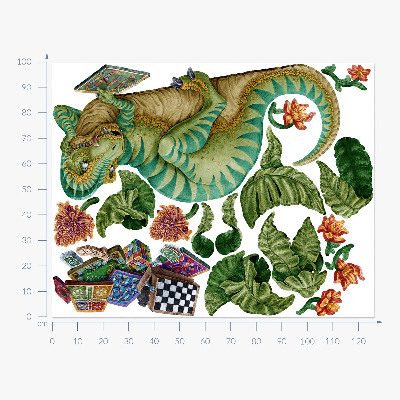 Autocolant pentru perete 100x127 Dinozaur în stil de desene animate cu frunze și flori