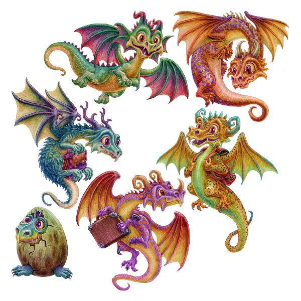 Autocolant pentru perete 100x80 Dragoni colorați într-o estetică de basm de desene animate
