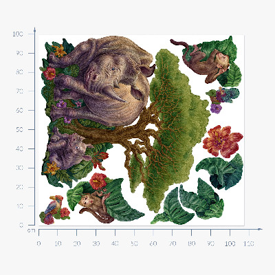 Autocolant perete 100x108 Animale sălbatice și vegetație de safari în desene