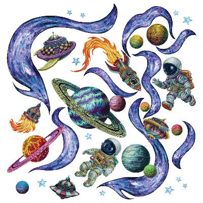 Autocolant perete 100x150 Rachete spațiale de astronauți în stil de desene animate