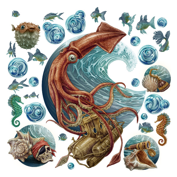Autocolant de perete 100x101 Țara magică de creaturi subacvatice în desen