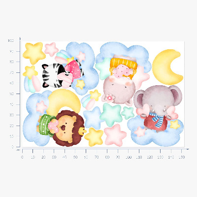 Autocolant de perete 100x153 Animale adorabile în nori și stele, acuarelă pastel