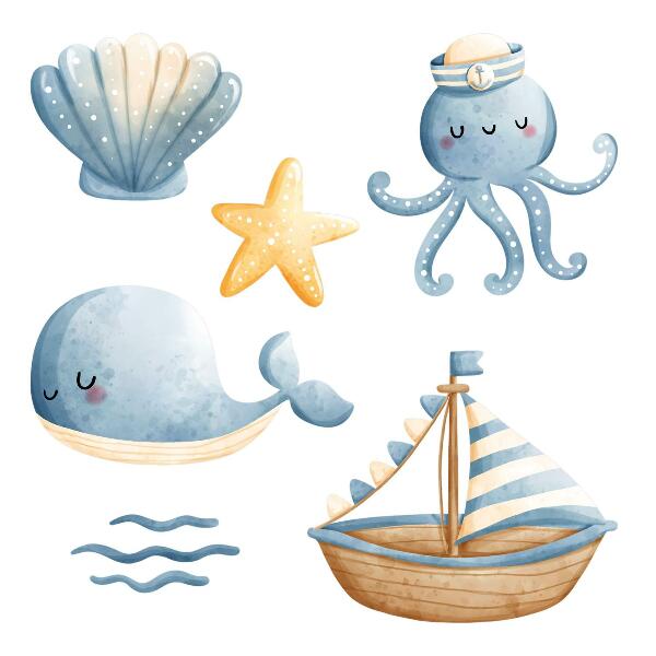 Autocolant pentru perete 100x132 Creaturi marine și o barcă în acuarelă pastelată