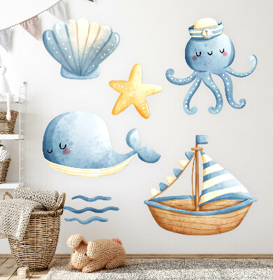 Autocolant pentru perete 100x132 Creaturi marine și o barcă în acuarelă pastelată