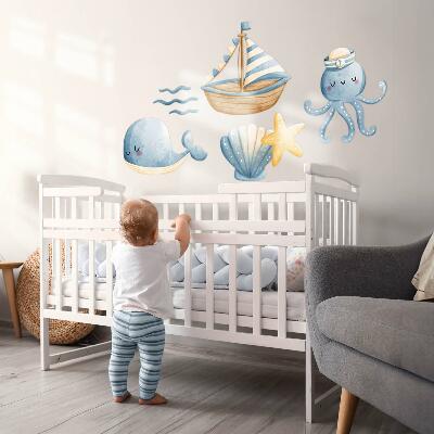 Autocolant pentru perete 100x132 Creaturi marine și o barcă în acuarelă pastelată
