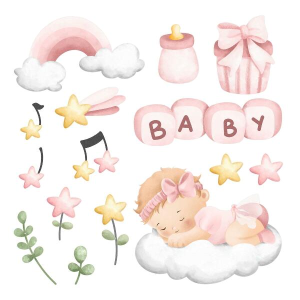 Autocolant pentru perete 100x142 Decoratiuni in acuarela pastel pentru o mica printesa