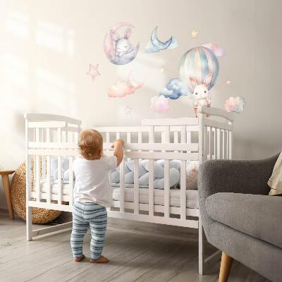 Autocolant de perete 100x133 Iepuri pe cer pastel cu balon noaptea