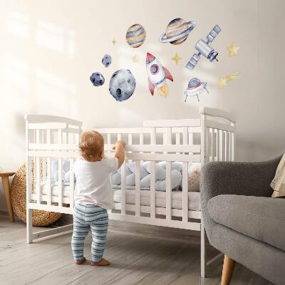 Autocolant pentru perete 100x146 Spațiu pastel cu planete și rachetă
