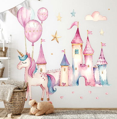 Autocolant pentru perete 100x137 Castel unicorn în stil acuarelă pastel