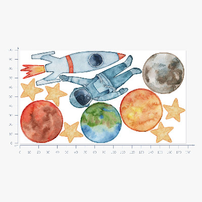 Autocolant de perete 100x178 Planete spațiale cu astronaut și rachetă acuarelă
