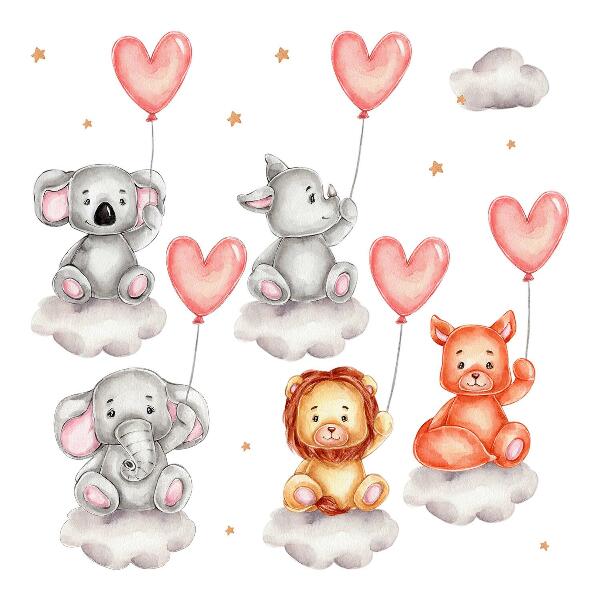 Autocolant de perete 100x150 Animale drăguțe pe nori cu baloane pastelate