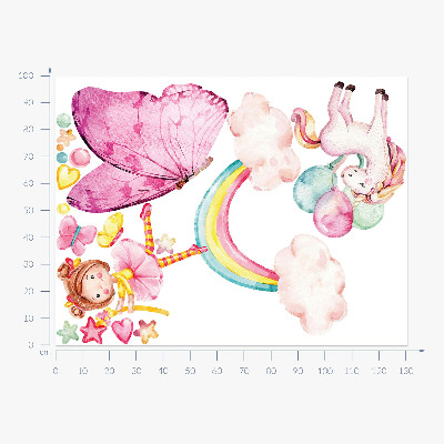 Autocolant pentru perete 100x131 Unicorn pastel cu baloane pe un curcubeu