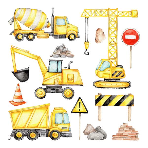 Autocolant pentru perete 100x135 Constructii - masini si vehicule in acuarela