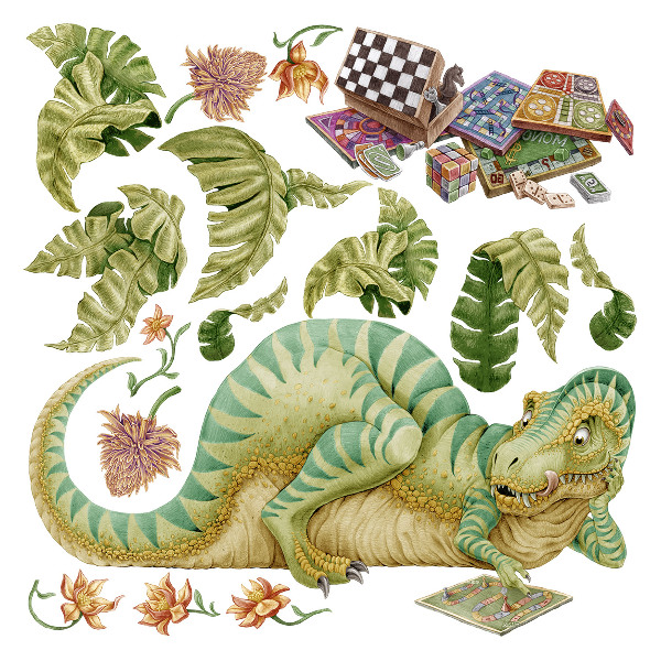 Autocolant perete 100x129 Model de dinozaur cu frunze și flori în pasteluri