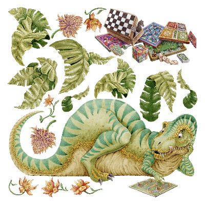 Autocolant perete 100x129 Model de dinozaur cu frunze și flori în pasteluri
