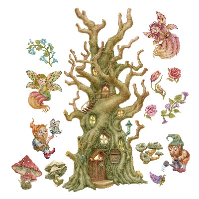 Autocolant perete 100x132 Creaturi zâne din pădure și cabană pastelată