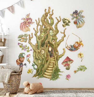 Autocolant pentru perete 100x133 Creaturi din pădure și căsuțe pastelate în copac