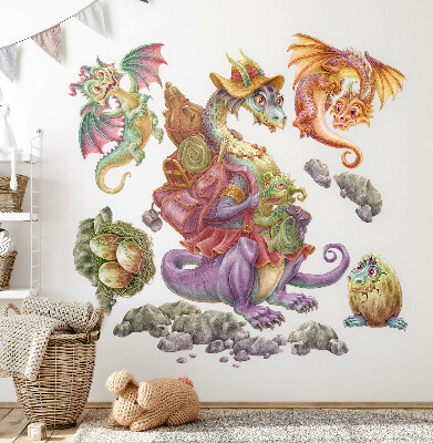 Autocolant perete 100x122 O familie de basm de dragoni colorați în pasteluri