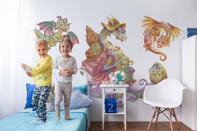 Autocolant perete 100x122 O familie de basm de dragoni colorați în pasteluri