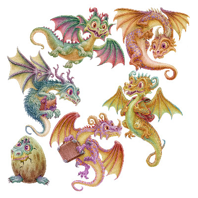 Autocolant pentru perete 100x85 Dragoni colorați într-un stil de desene animate de poveste