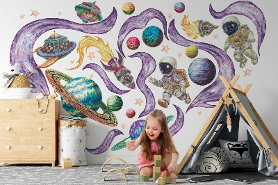 Autocolant pentru perete 100x172 Rachete astronauților pe fundalul planetelor în pasteluri