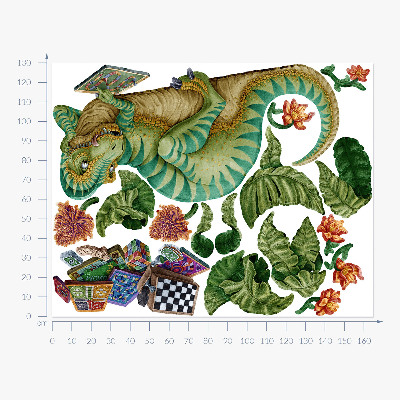 Autocolant pentru perete 130x165 Dinozaur în stil de desene animate cu frunze și flori