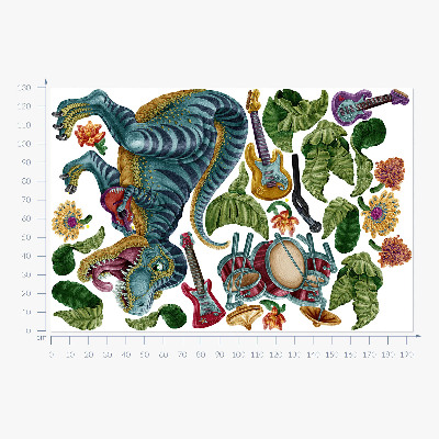 Autocolant perete 130x193 Dinozaur de desene animate muzicale cu instrumente