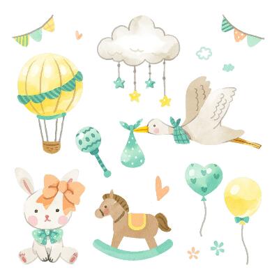 Autocolant perete 130x232 Jucării adorabile pastelate în stil acuarelă
