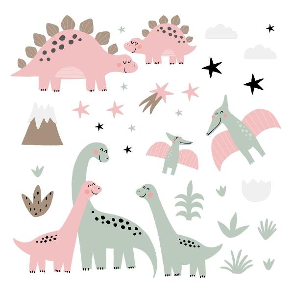 Autocolant perete 130x208 Dinozauri într-o junglă pastelată