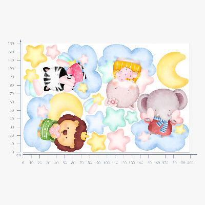Autocolant de perete 130x199 Animale adorabile în nori și stele, acuarelă pastel