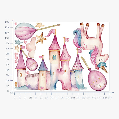 Autocolant pentru perete 130x178 Castel unicorn în stil acuarelă pastel