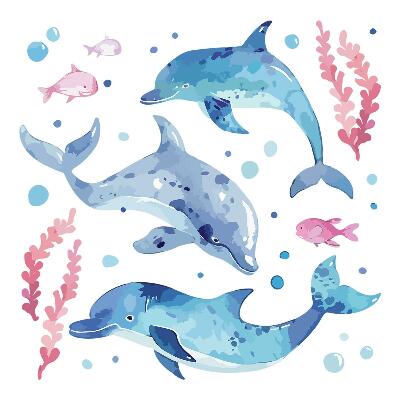 Autocolant de perete 130x201 Delfini albaștri într-un peisaj subacvatic pastel