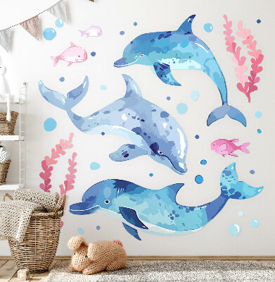 Autocolant de perete 130x201 Delfini albaștri într-un peisaj subacvatic pastel