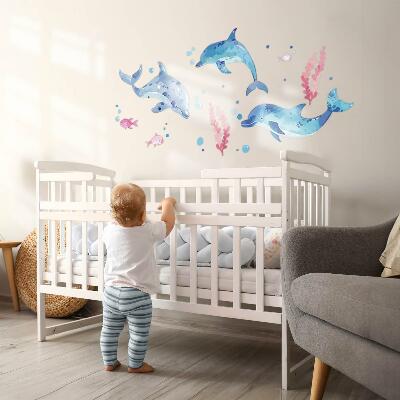 Autocolant de perete 130x201 Delfini albaștri într-un peisaj subacvatic pastel
